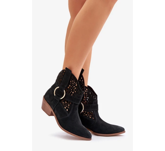 Zamszowe Botki Kowbojki Ażurowe Na Obcasie Zazoo 2994 Czarne Zamszowe Botki Kowbojki Ażurowe Na Obcasie Zazoo 2994 Czarne