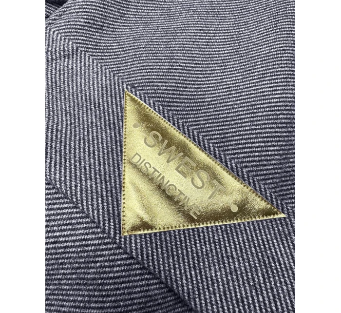 Tmavě modrý dlouhý pruhovaný dámský kabát s páskem S'West (B8542-26)