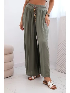 Dámské kalhoty z viskózy se širokými nohavicemi khaki