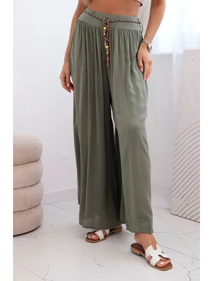 Dámské kalhoty z viskózy se širokými nohavicemi khaki