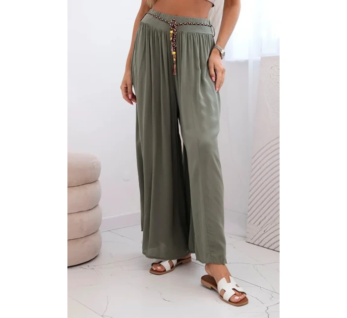 Dámské kalhoty z viskózy se širokými nohavicemi khaki