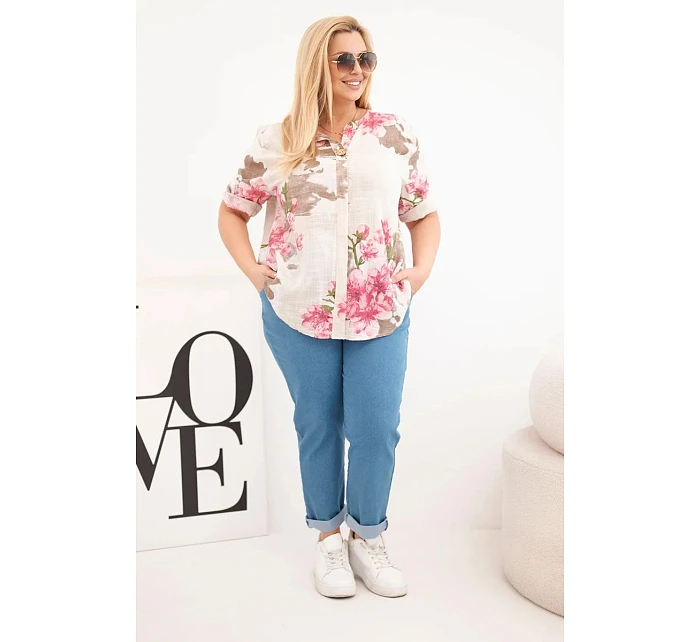 Dámská bavlněná halenka Plus Size s výstřihem do V s květinovým vzorem béžová