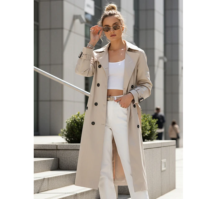 Dámský dvouřadý trenčkot s kapucí světle béžový FashionStreet TY5655