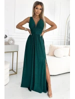 490-3 SUSAN Dlouhé brokátové šaty s výstřihem a prošíváním v pase - BOTTLE GREEN 490-3 SUSAN Dlouhé brokátové šaty s výstřihem a prošíváním v pase - BOTTLE GREEN