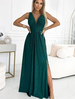 Dlouhé dámské šaty v lahvově zelené barvě s výstřihem a v pase model 19665333 - numoco