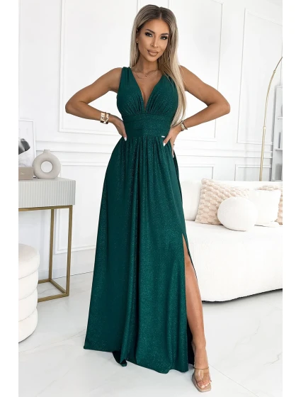 490-3 SUSAN Dlouhé brokátové šaty s výstřihem a prošíváním v pase - BOTTLE GREEN 490-3 SUSAN Dlouhé brokátové šaty s výstřihem a prošíváním v pase - BOTTLE GREEN