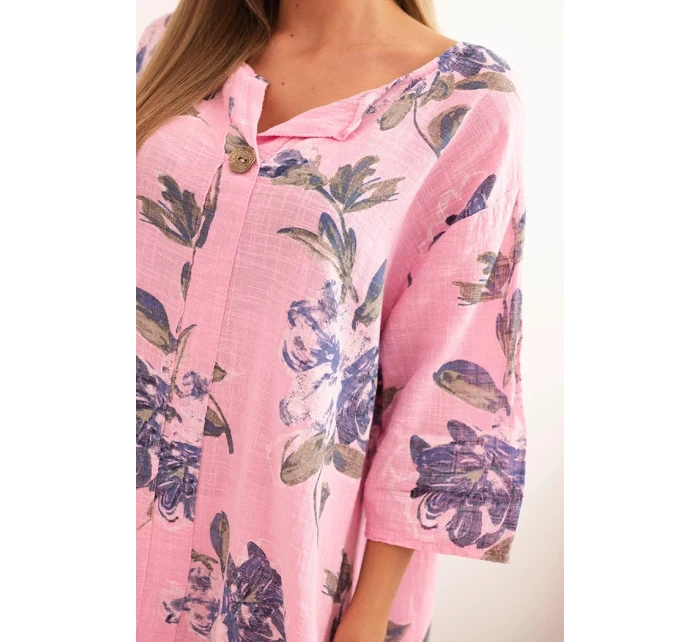 Dámská bavlněná šaty s květinovým vzorem a 3/4 rukávem světle růžová