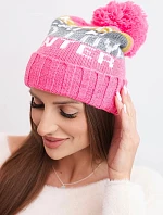 Dámská zimní čepice s vlnou a nápisem s velkým bambulí K422 světle růžová