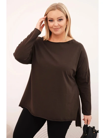 Dámská bavlněná blůza Plus Size asymetrická s dlouhým rukávem hnědá Dámská bavlněná blůza Plus Size asymetrická s dlouhým rukávem hnědá