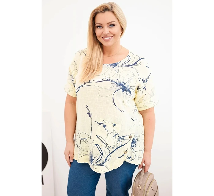 Dámská bavlněná halenka Plus Size s krátkým rukávem a kapsou žlutá Dámská bavlněná halenka Plus Size s krátkým rukávem a kapsou žlutá