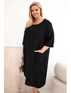 Dámské šaty Plus Size viskózové s kapsami krátký rukáv černá