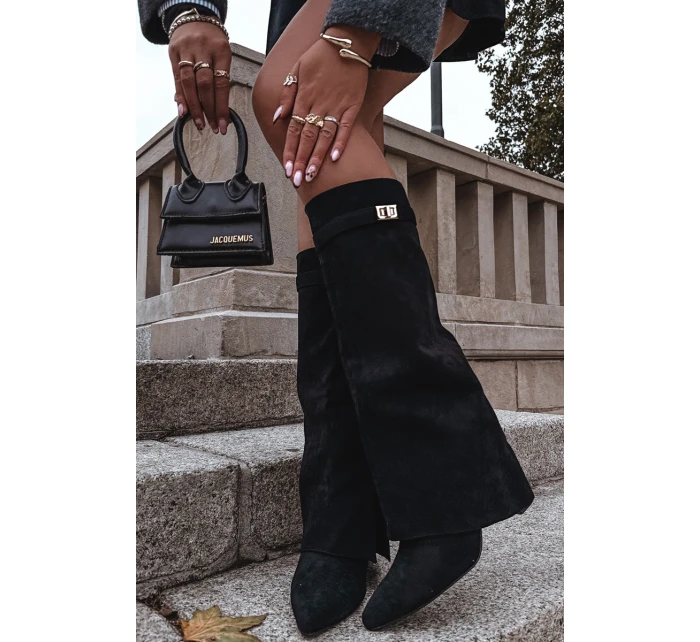 Dámské zateplené kozačky na sloupkovém podpatku s vyhrnutou holení Evyra – béžové, eko semiš