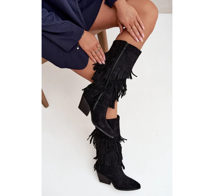 Dámské zateplené kovbojky s třásněmi Brivina – černé Dámské zateplené kovbojky s třásněmi Brivina – černé