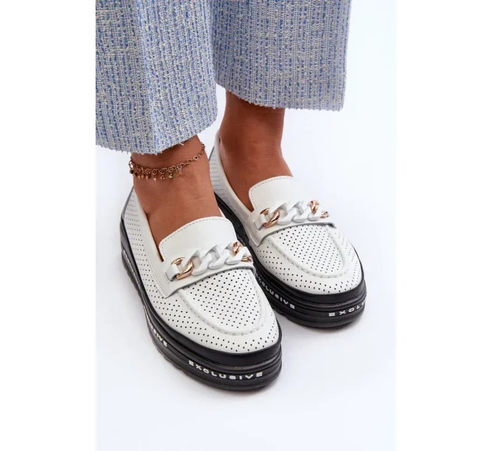 Dámské Kožené mokasíny Na Platformě S řetízkem S.Barski bílá