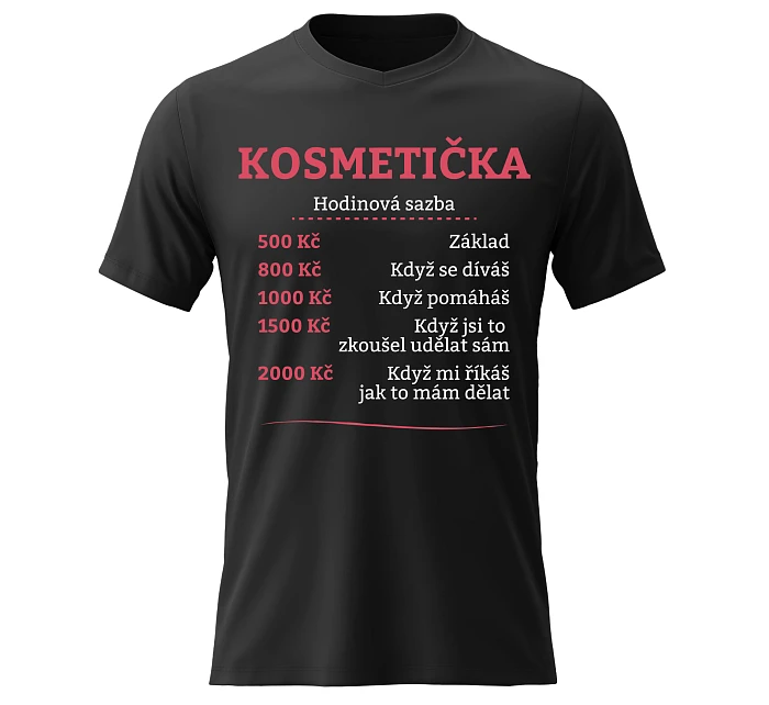 Dámské bavlněné tričko s potiskem - HODINOVÁ SAZBA KOSMETIČKA - černé Dámské bavlněné tričko s potiskem - HODINOVÁ SAZBA KOSMETIČKA - černé