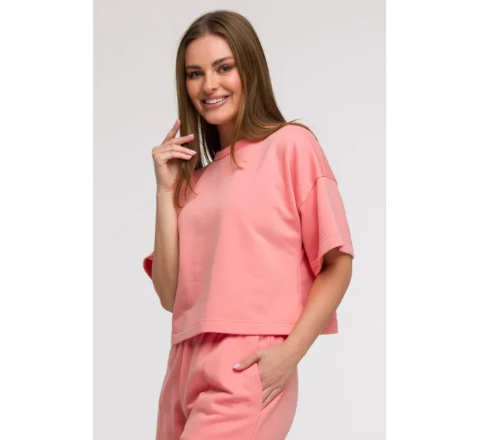 B294 Oříznutá mikina s krátkým rukávem - korálová B294 Oříznutá mikina s krátkým rukávem - korálová