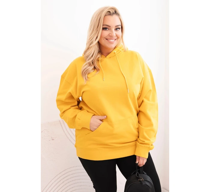 Dámská mikina s kapucí a klokaní kapsou Plus Size z bavlny hořčicová