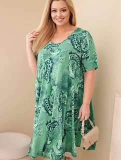 Dámské viskózové šaty Plus Size s krátkým rukávem a paisley střihem zelená