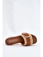 Kožené Dámské Sandály Na Podpatku S Přezkou A Pletením Hnědé model 21697435 - Zazoo Kožené Dámské Sandály Na Podpatku S Přezkou A Pletením Hnědé model 21697435 - Zazoo