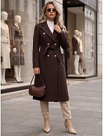 Dlouhý dámský dvouřadý kabát s páskem v čokoládové barvě FashionStreet NY0816 Dlouhý dámský dvouřadý kabát s páskem v čokoládové barvě FashionStreet NY0816