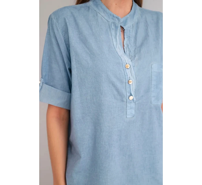 Dámská košilová bavlněná halenka s krátkým rukávem a kapsou model 22048815 - K-Fashion Dámská košilová bavlněná halenka s krátkým rukávem a kapsou model 22048815 - K-Fashion