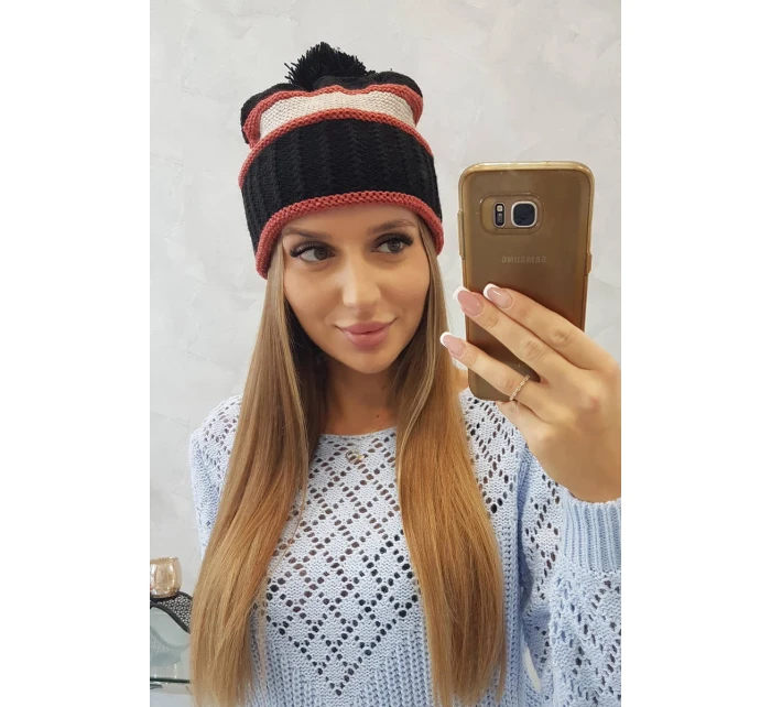 Dámská čepice Kinga K297 černá+tmavě růžová+béžová