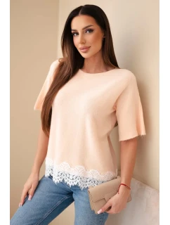Dámský svetr s krátkým rukávem a krajkou lososový