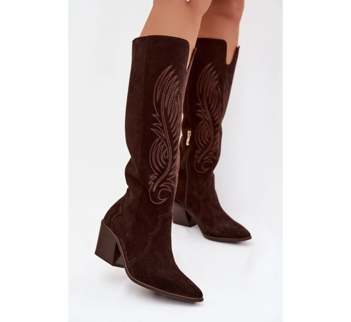 Semišové Kožené Kozačky Na Podpatku  Čokoládové model 22031643 - Zazoo