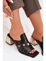 Kožené sandály na podpatku s ozdobnou páskou D&A CR61-3063 Černé
