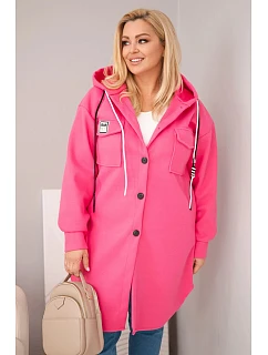 Dámský kabát Plus Size s kapucí zapínaný na knoflíky růžový