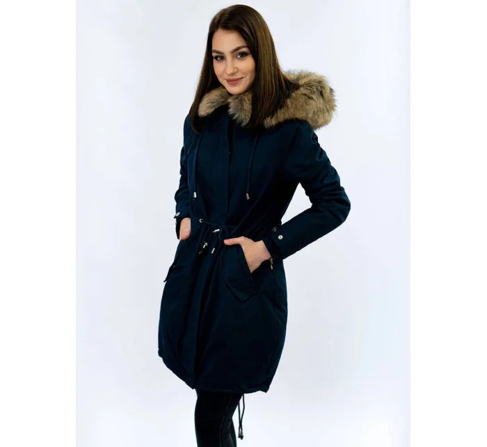 Tmavě modrá dámská zimní bunda parka s kapucí a odepínací kožešinovou podšívkou model 21242084 - Libland