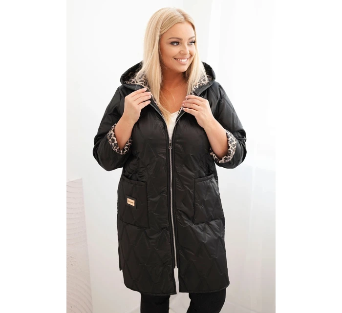 Dámská prošívaná bunda Plus Size s podšívkou v leopardím vzoru a kapucí černá