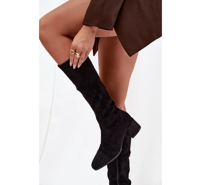 Dámské kozačky s ozdobou na ekokůže Černé model 21715301 - Boto