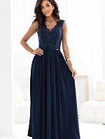 215-6 LEA dlouhé elegantní maxi šaty s krajkovým vrškem a rozparkem na nohou - tmavě modré