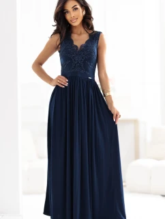 215-6 LEA dlouhé elegantní maxi šaty s krajkovým vrškem a rozparkem na nohou - tmavě modré