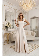 model 22067486 Elegantní večerní maxi šaty s rozparkem a růžemi béžové - numoco