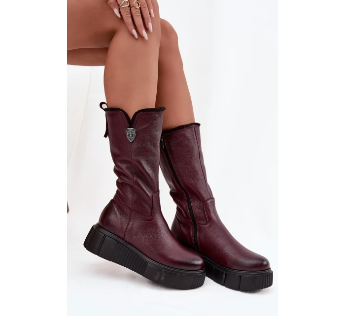 Dámské kožené kozačky s vlnou model 21715578 bordó - Zazoo Dámské kožené kozačky s vlnou model 21715578 bordó - Zazoo