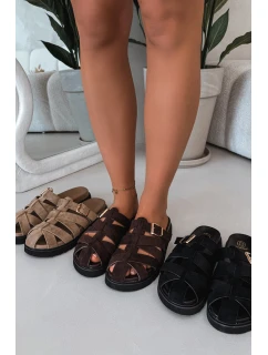 Dámské pantofle s pásky a zlatým sponou Tmavě béžové model 21943451 - Boto