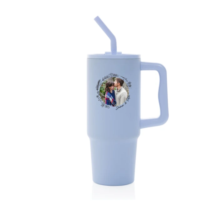 Personalizovaná termoska s barevným víčkem s květinovým ohraničením 