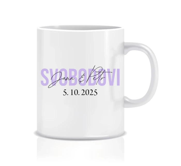 Personalizovaný klasický bílý keramický hrníček 300 ml se jmény novomanželů Personalizovaný klasický bílý keramický hrníček 300 ml se jmény novomanželů