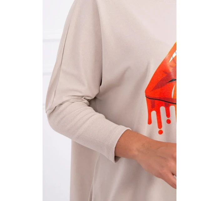 Oversize halenka s potiskem duhových rtů béžová