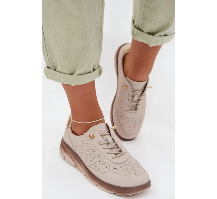 Kožené semišové dámské tenisky s otvory model 22026508 světle hnědé - SERGIO LEONE