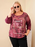 Dámská bavlněná halenka Plus Size s potiskem a výstřihem do U švestková