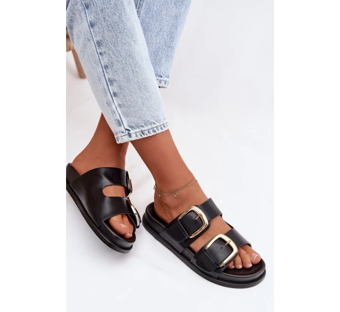 Dámské eko kožené nazouváky s zlatými sponami Černé model 21960848 - Boto