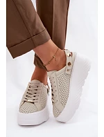 Kožené síťované dámské tenisky na platformě s páskem na podpatku D&A LR61-7088 béžové