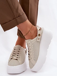 Kožené síťované dámské tenisky na platformě s páskem na podpatku D&A LR61-7088 béžové