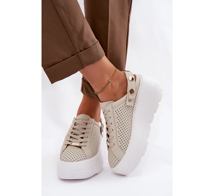 Kožené síťované dámské tenisky na platformě s páskem na podpatku D&A LR61-7088 béžové