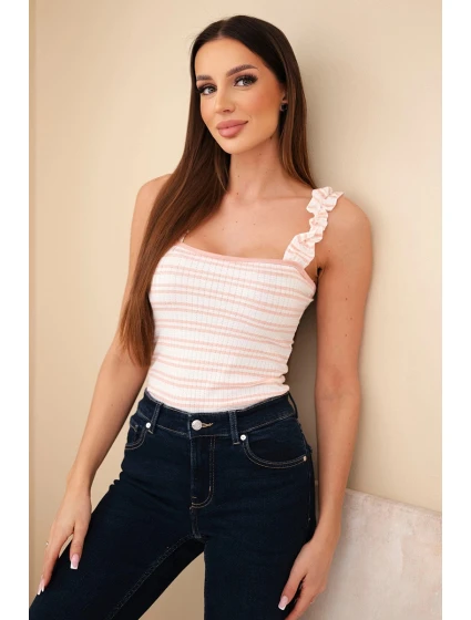 Dámská žebrovaná pruhovaná halenka na ramínkách s volánkem pudrově růžová