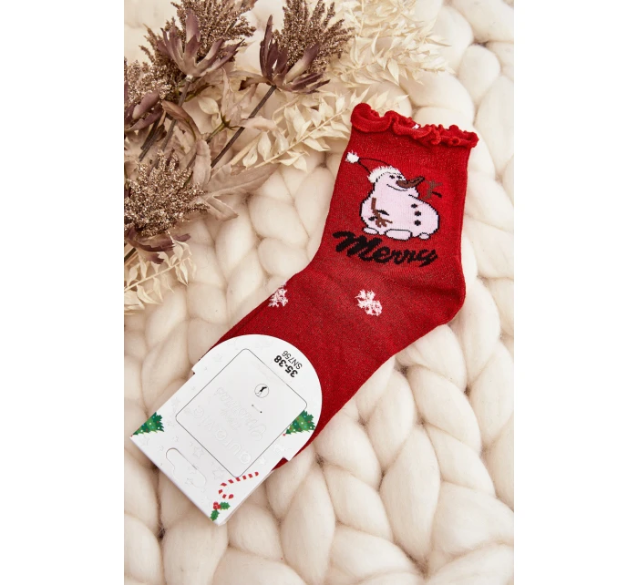 Dámské lesklé vánoční ponožky s panáčkem červené