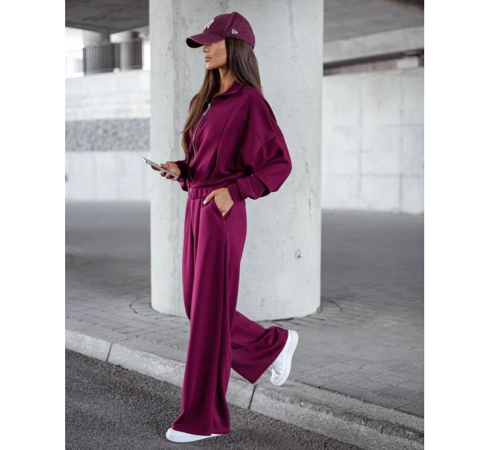 Dámský komplet ve vínové bordó barvě - mikina se stojáčkem a široké kalhoty (821109)